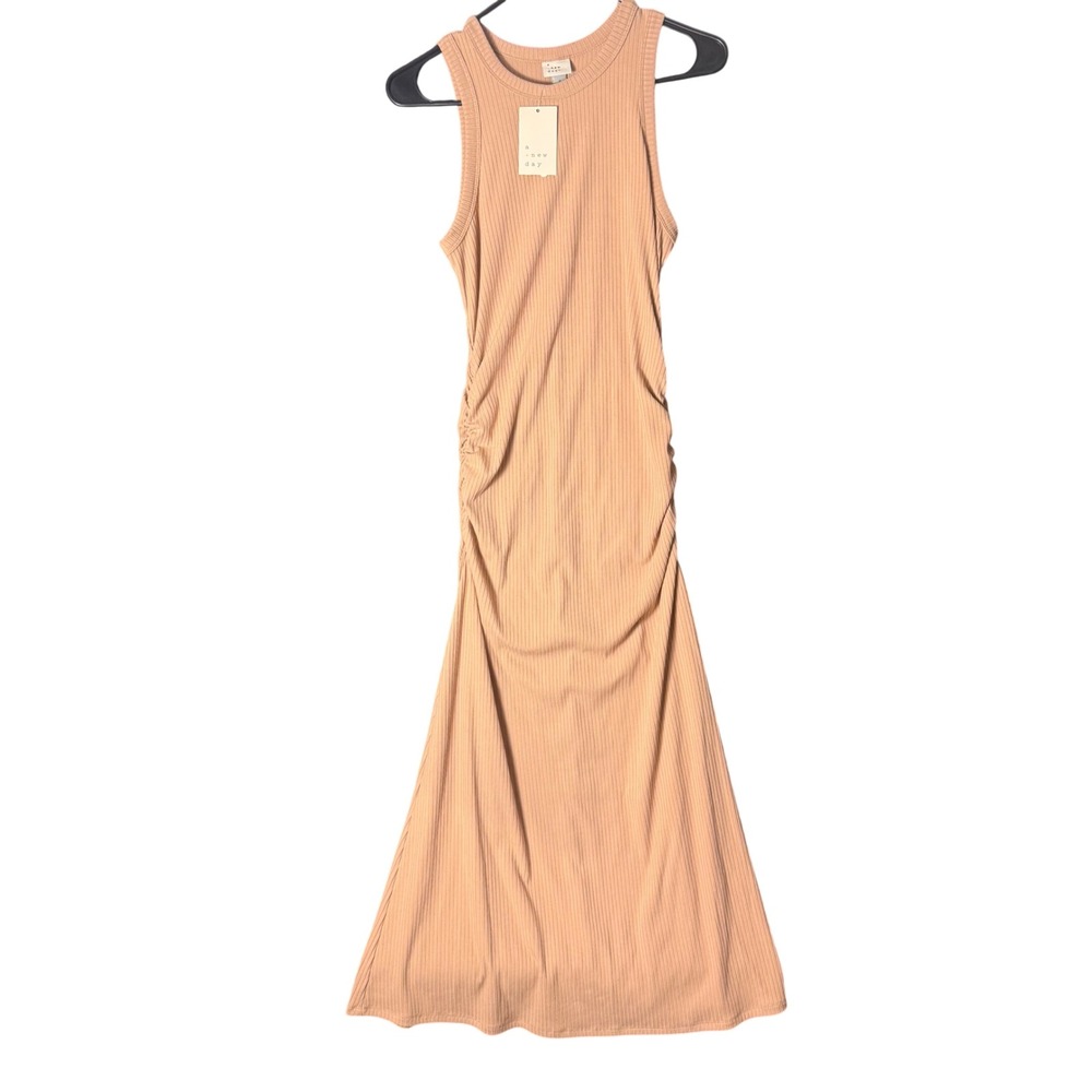 Womens‎ small maxi dress tan Ribbed Sleeveless Ruched stretchy bodycon tight